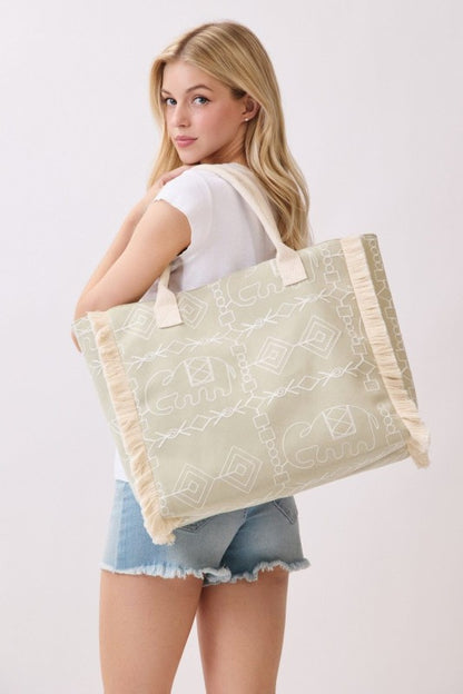 Boho Geometric Elephant Print Fringe Beach Tote Bag