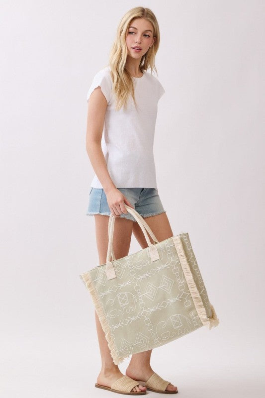 Boho Geometric Elephant Print Fringe Beach Tote Bag