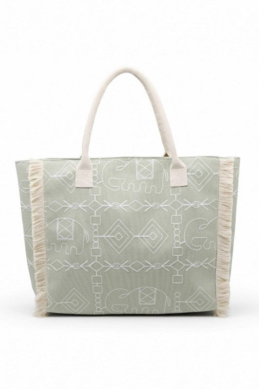 Boho Geometric Elephant Print Fringe Beach Tote Bag