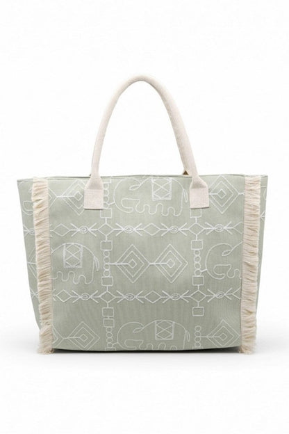 Boho Geometric Elephant Print Fringe Beach Tote Bag