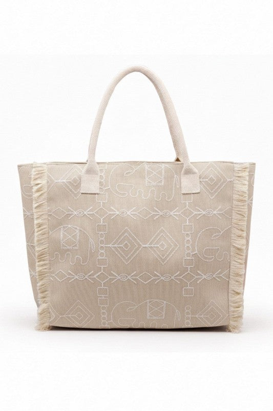 Boho Geometric Elephant Print Fringe Beach Tote Bag