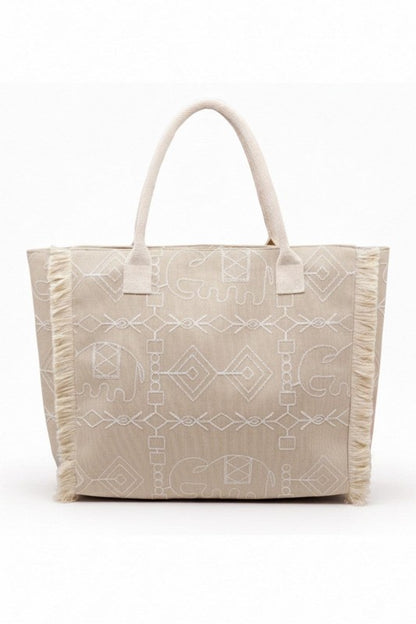 Boho Geometric Elephant Print Fringe Beach Tote Bag