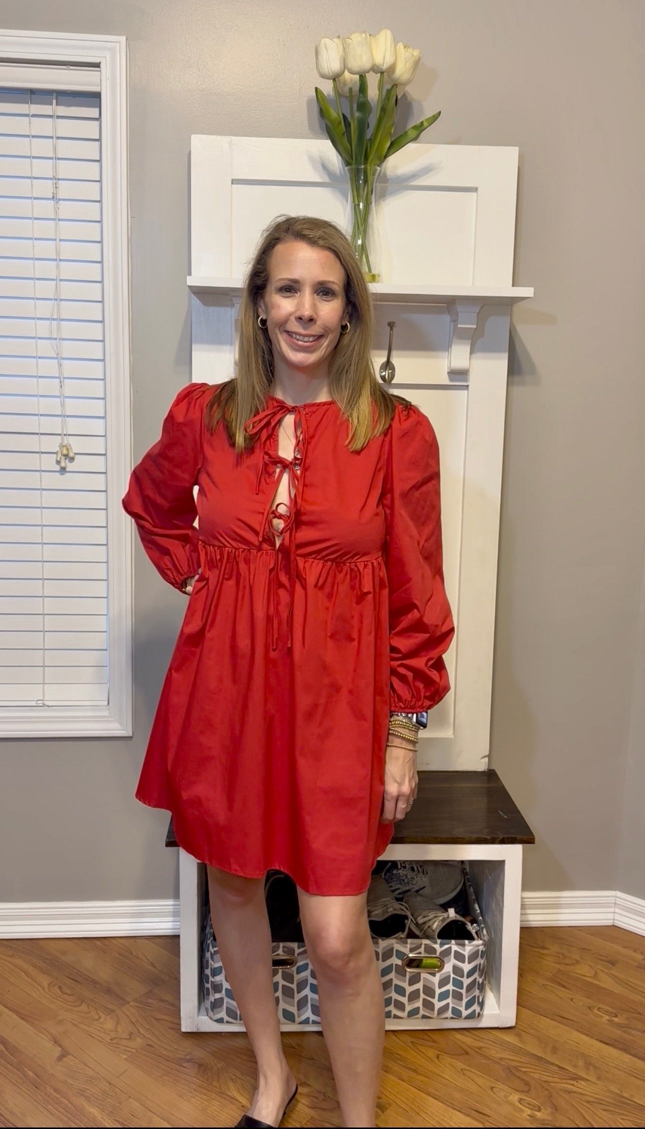 Double Take Christmas Front Tied Long Sleeve Mini Dress