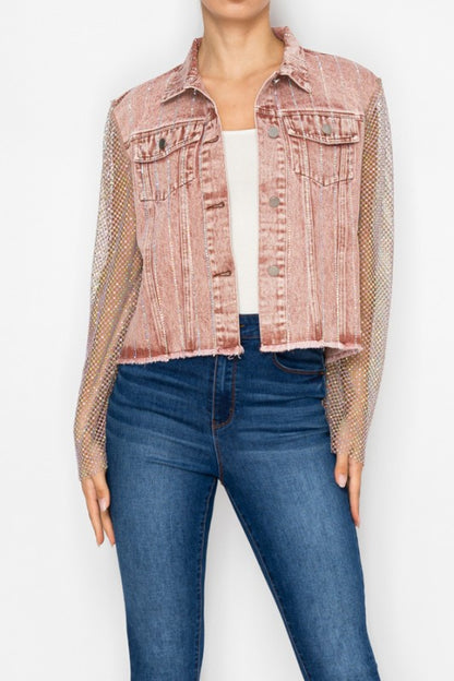 Raspberry Colored Denim Jacket With Mesh Stone Sleeves