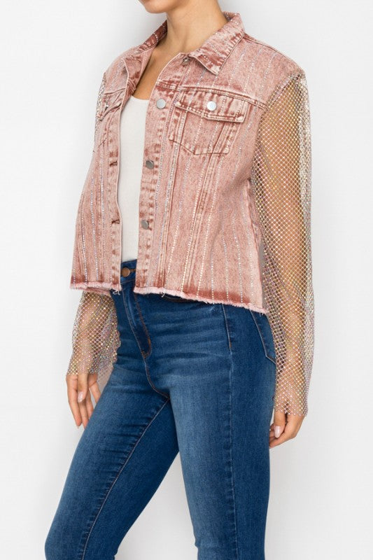 Raspberry Colored Denim Jacket With Mesh Stone Sleeves