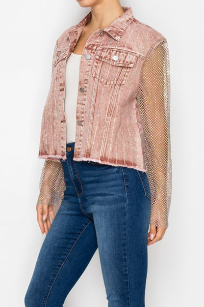 Raspberry Colored Denim Jacket With Mesh Stone Sleeves