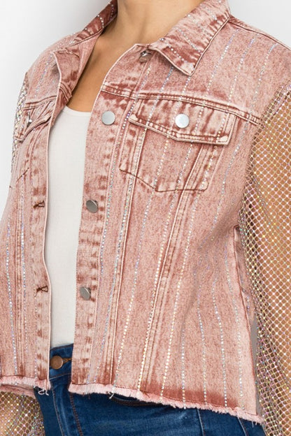 Raspberry Colored Denim Jacket With Mesh Stone Sleeves