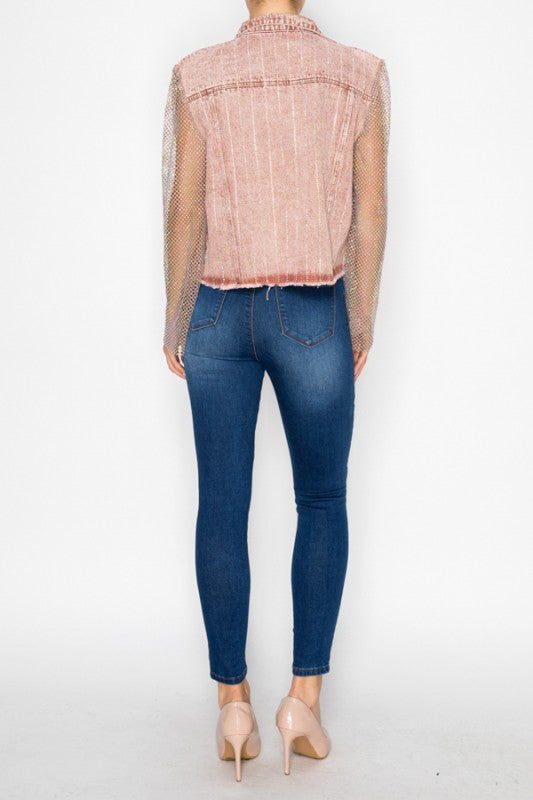 Raspberry Colored Denim Jacket With Mesh Stone Sleeves
