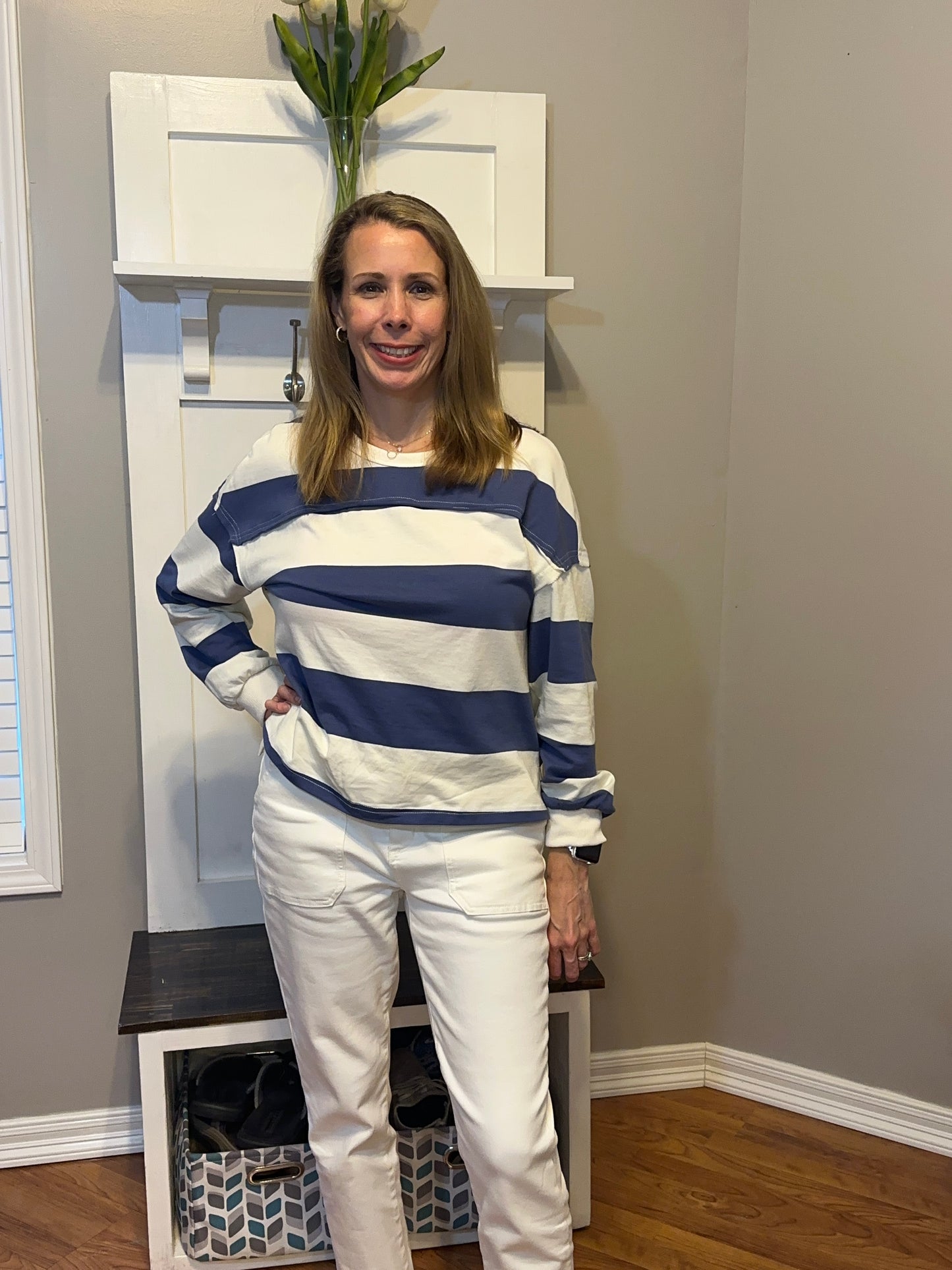 Oh Pima Cotton Wash Exposed Seam Contrast Striped Round Neck Long Sleeve T-Shirt