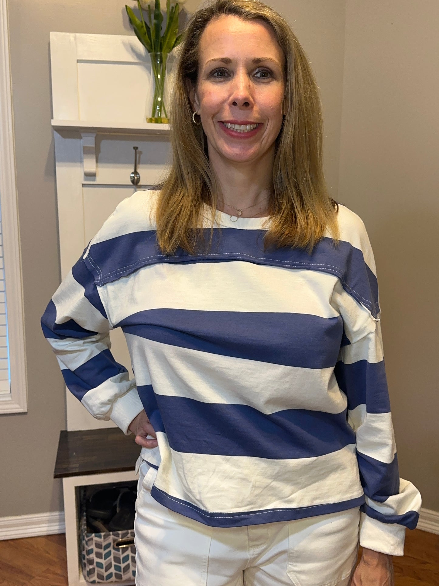 Oh Pima Cotton Wash Exposed Seam Contrast Striped Round Neck Long Sleeve T-Shirt