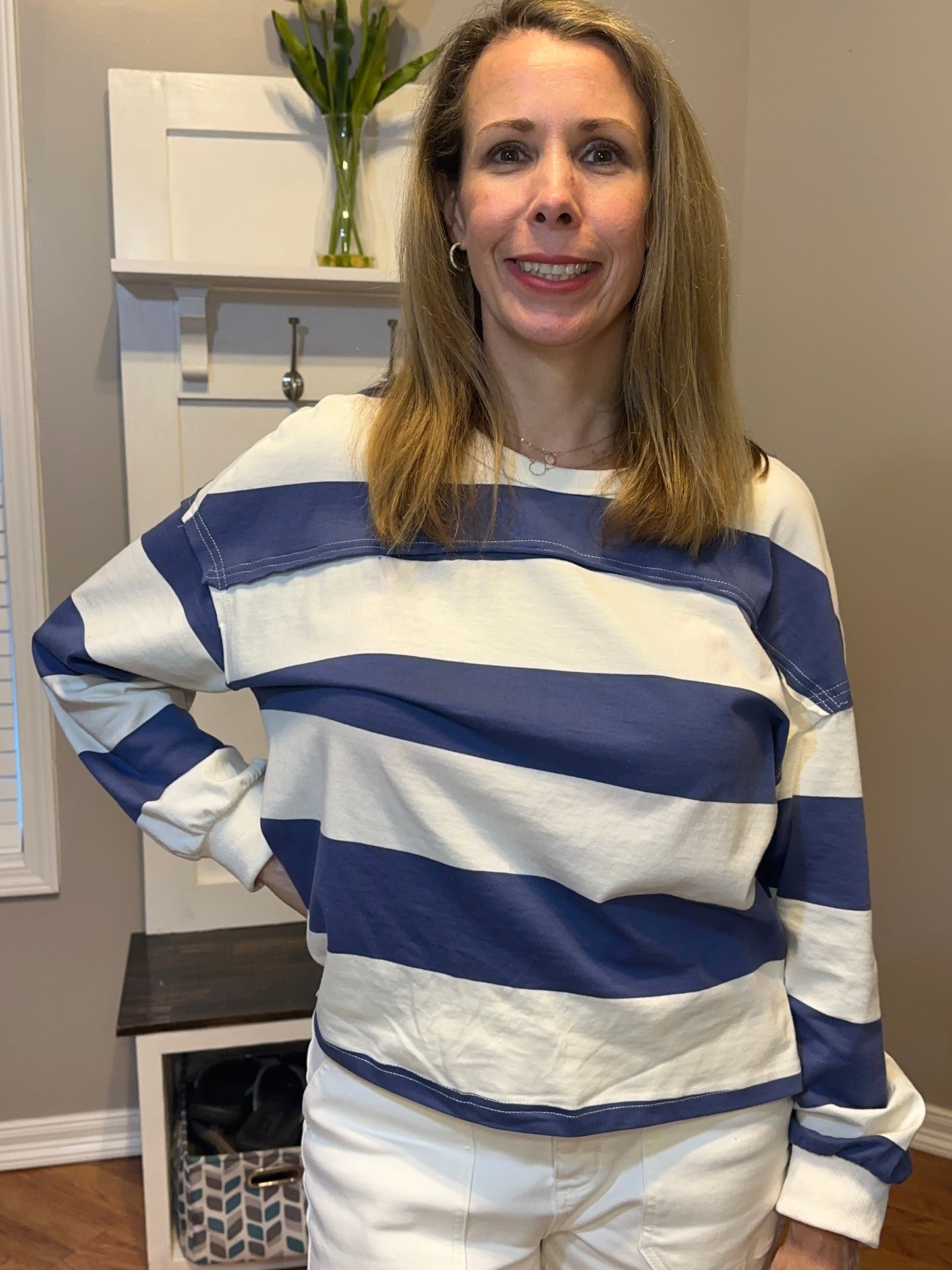 Oh Pima Cotton Wash Exposed Seam Contrast Striped Round Neck Long Sleeve T-Shirt