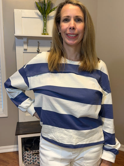 Oh Pima Cotton Wash Exposed Seam Contrast Striped Round Neck Long Sleeve T-Shirt