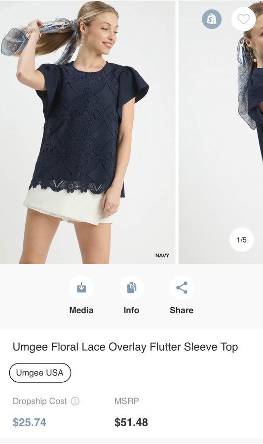 Umgee Floral Lace Overlay Flutter Sleeve Top