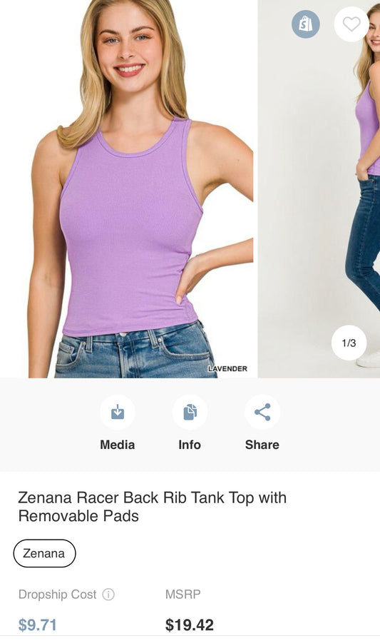 Zenana Racer Back Rib Tank Top with Removable Pads