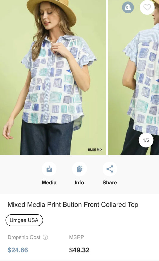 Mixed Media Print Button Front Collared Top