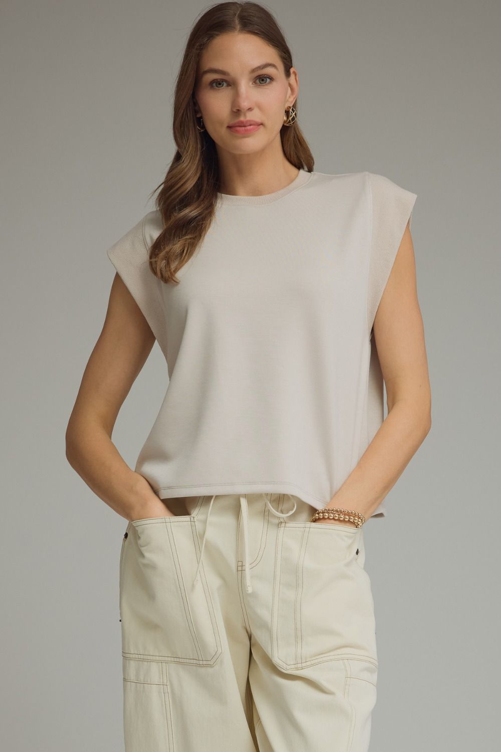 Cap Sleeve Crew Neck Pullover Top