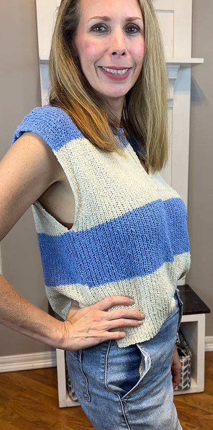 Zenana Split Neck Sleeveless Stripe Sweater
