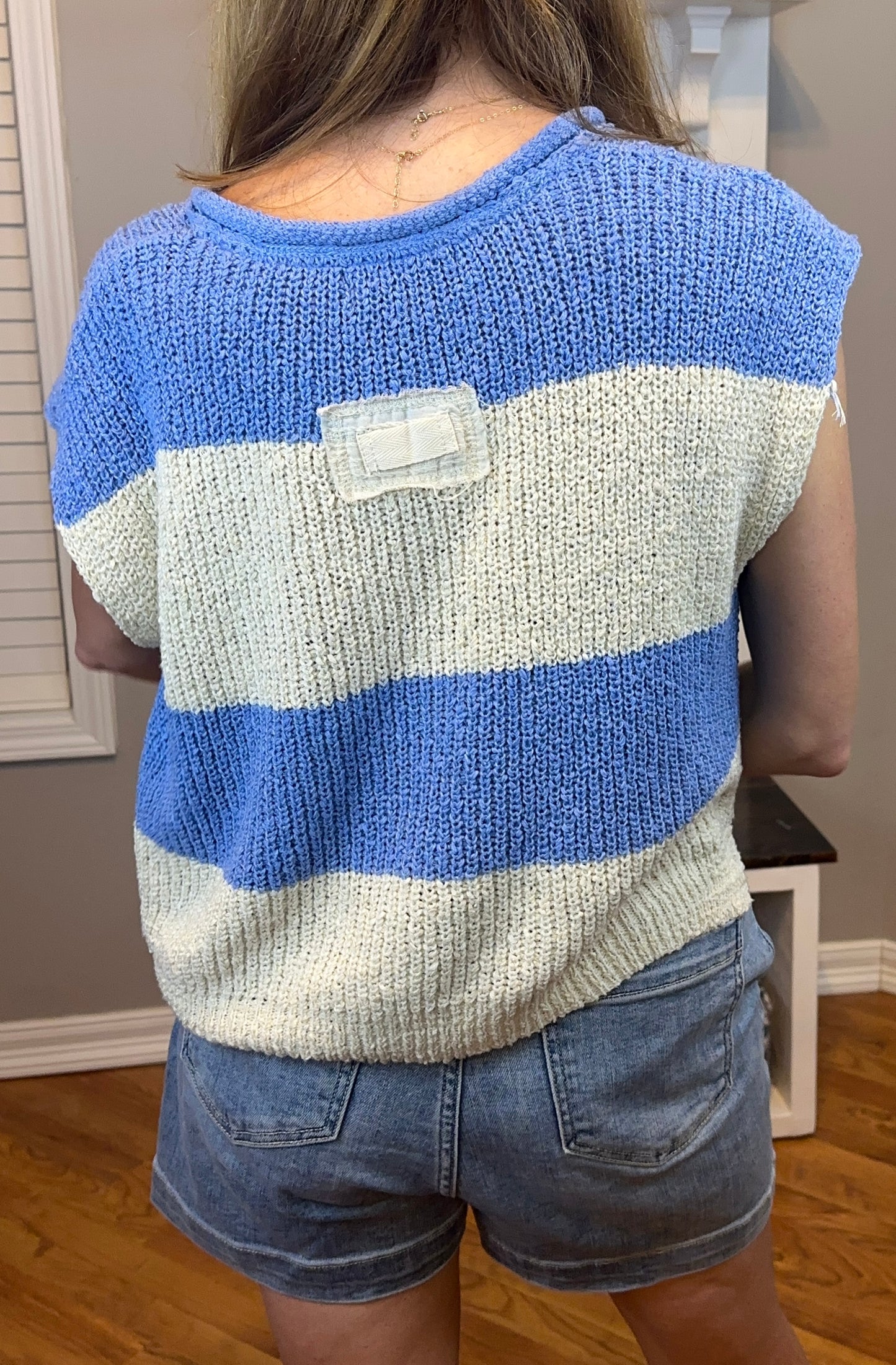 Zenana Split Neck Sleeveless Stripe Sweater