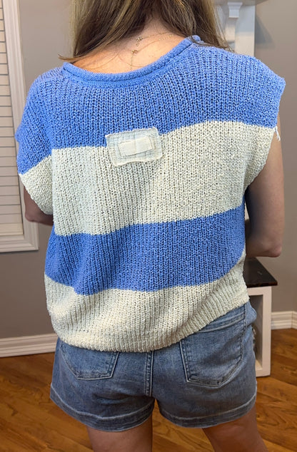 Zenana Split Neck Sleeveless Stripe Sweater