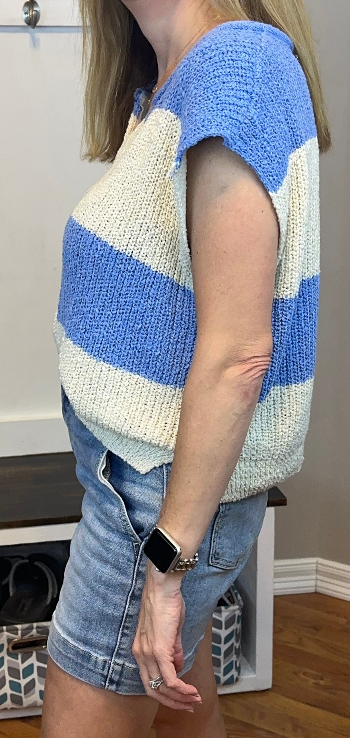 Zenana Split Neck Sleeveless Stripe Sweater