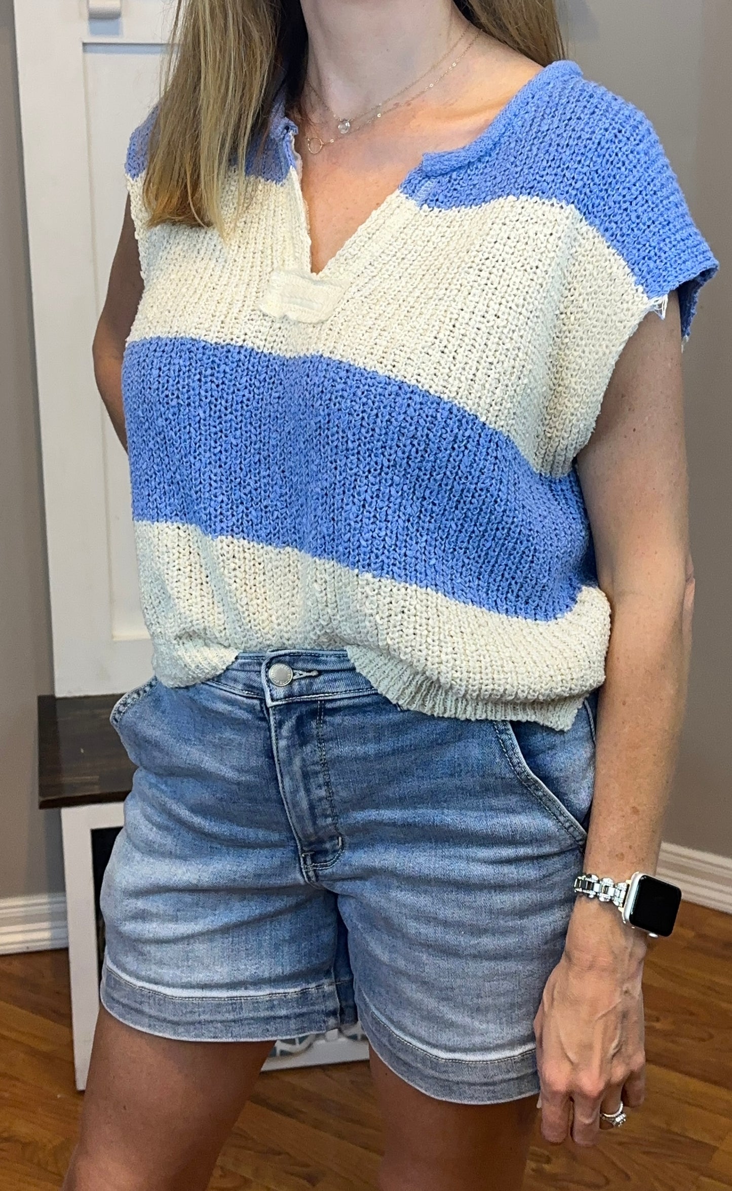 Zenana Split Neck Sleeveless Stripe Sweater
