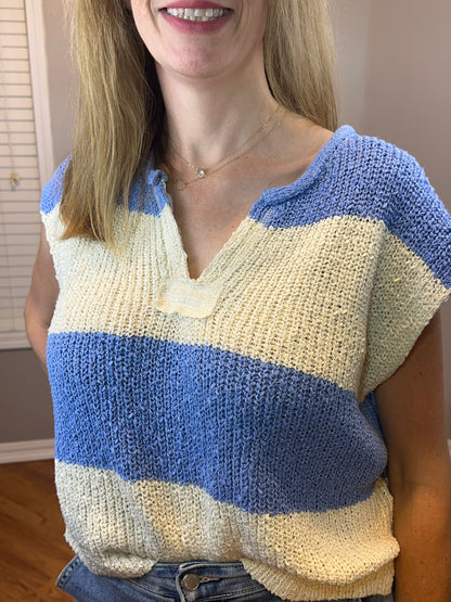 Zenana Split Neck Sleeveless Stripe Sweater