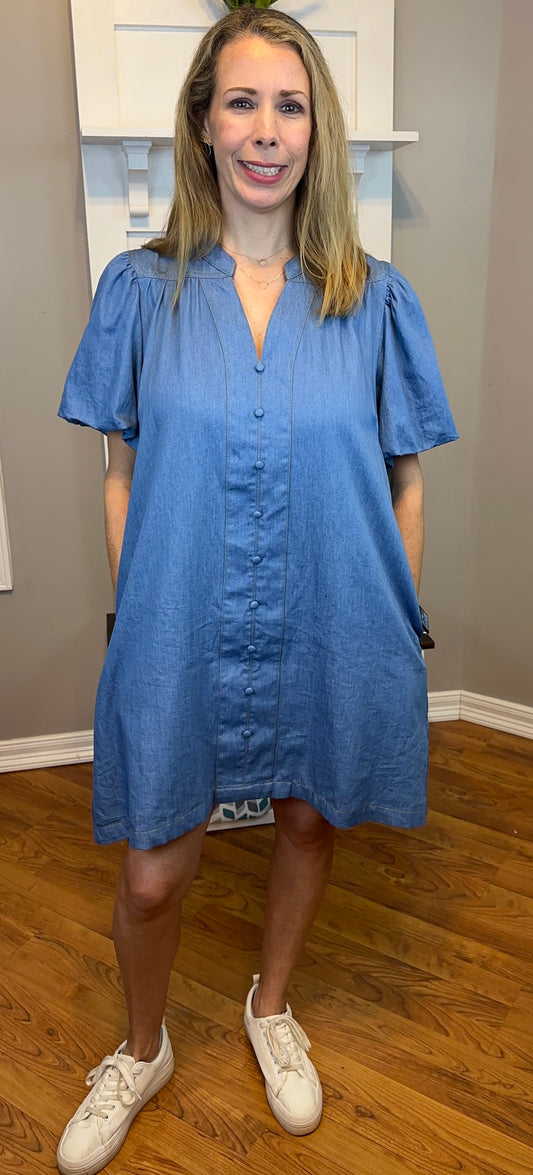 Umgee Chambray Puff Sleeve Dress