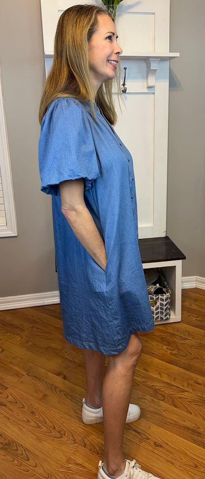 Umgee Chambray Puff Sleeve Dress