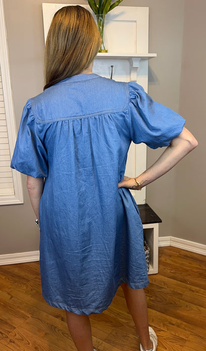 Umgee Chambray Puff Sleeve Dress