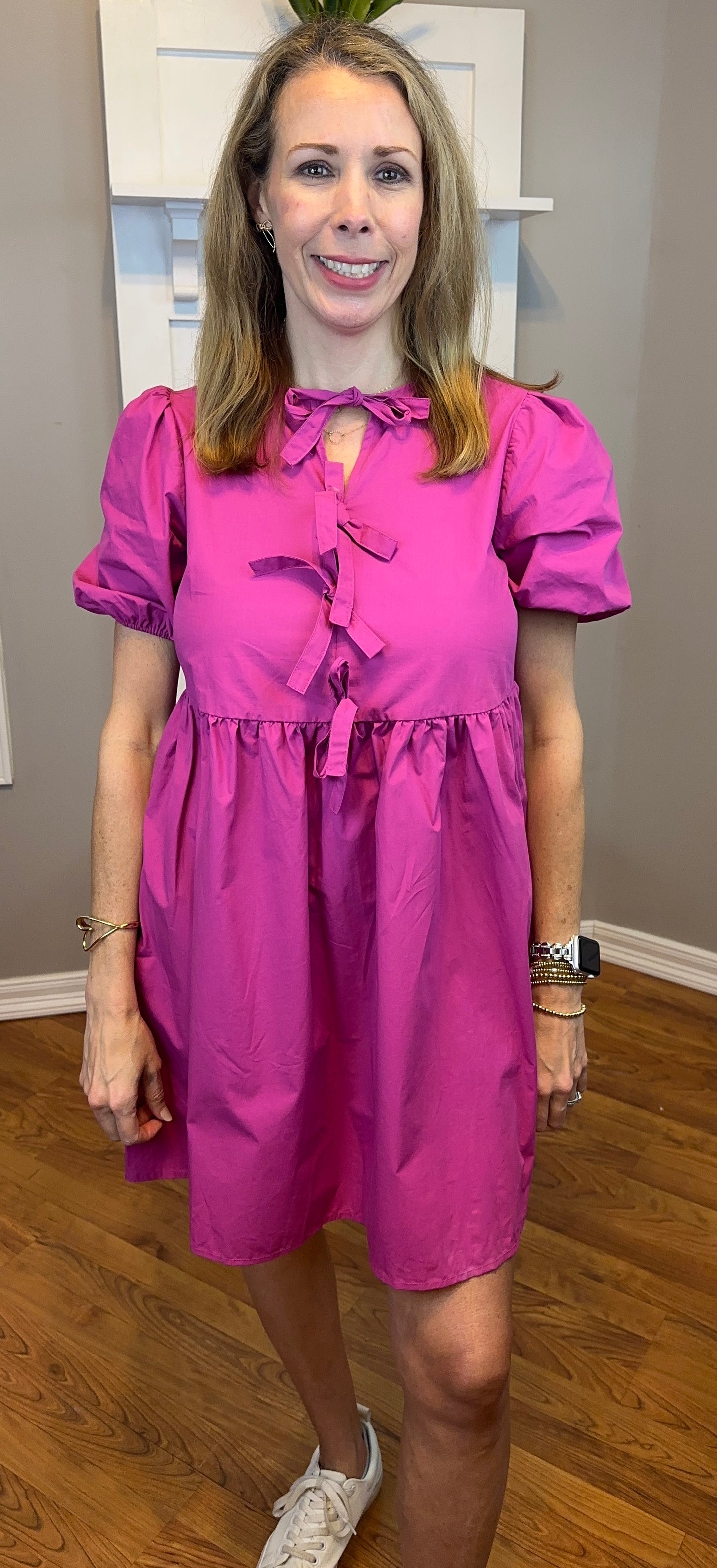 Oh Bow Ruched Puff Sleeve Mini Dress