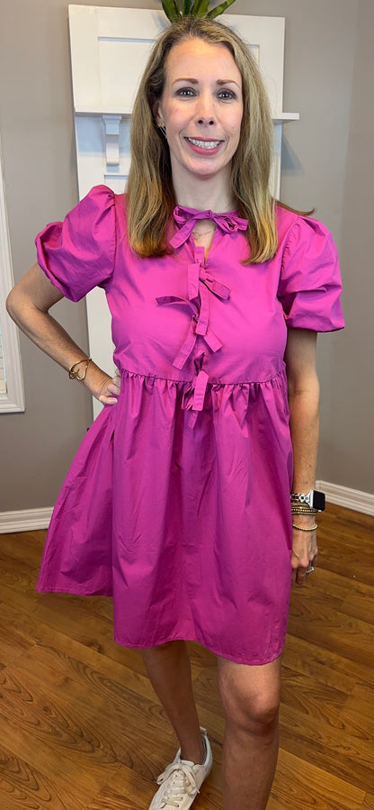 Oh Bow Ruched Puff Sleeve Mini Dress