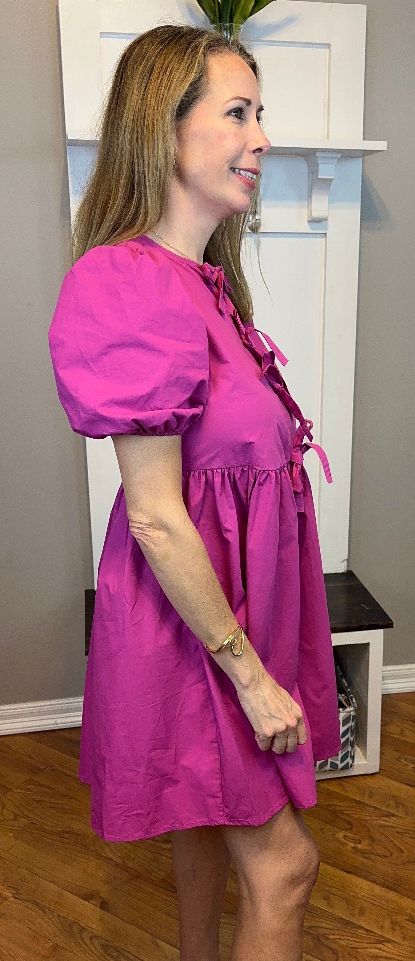 Oh Bow Ruched Puff Sleeve Mini Dress