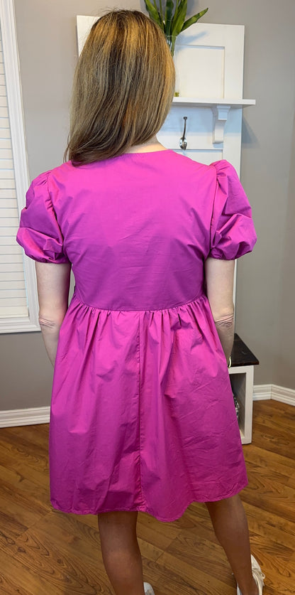 Oh Bow Ruched Puff Sleeve Mini Dress