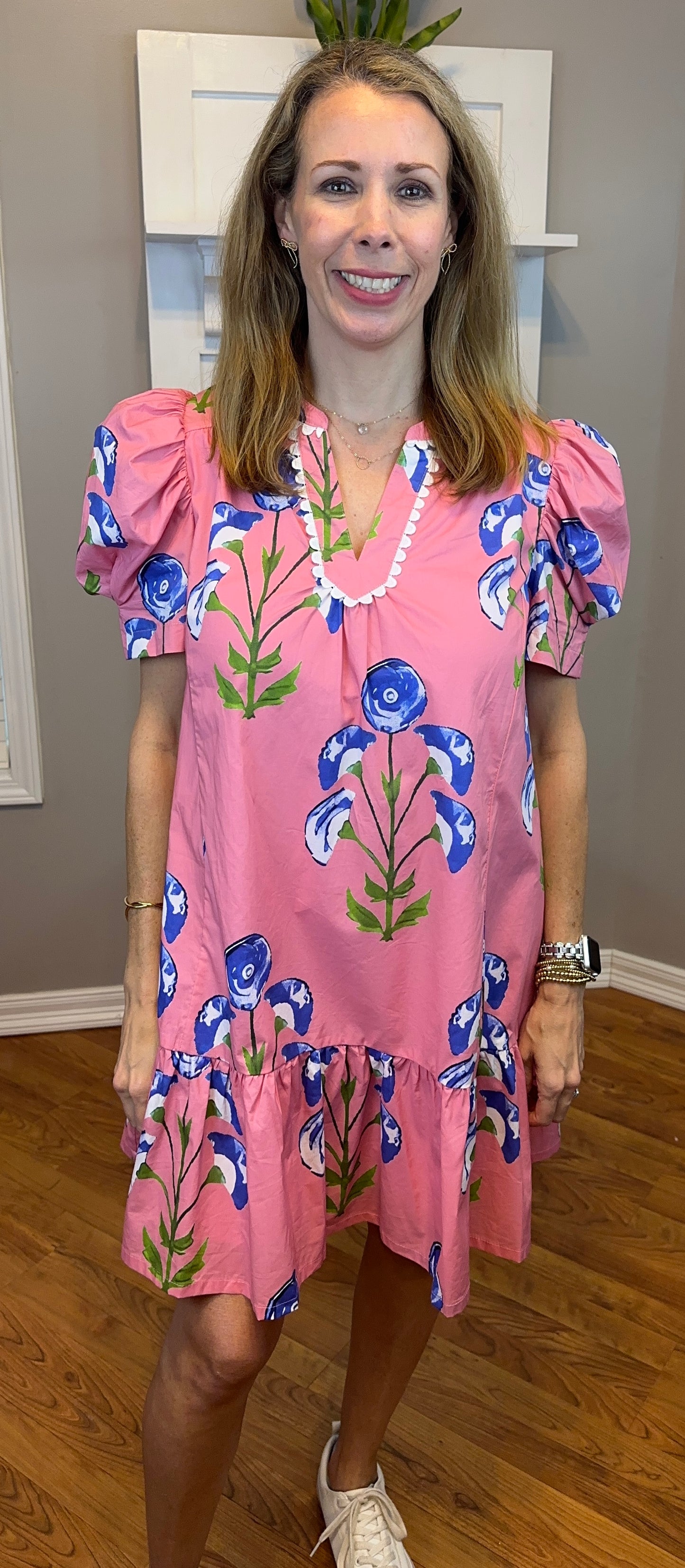 Umgee Floral Print Puff Sleeve Mini Dress with Scallop Trim