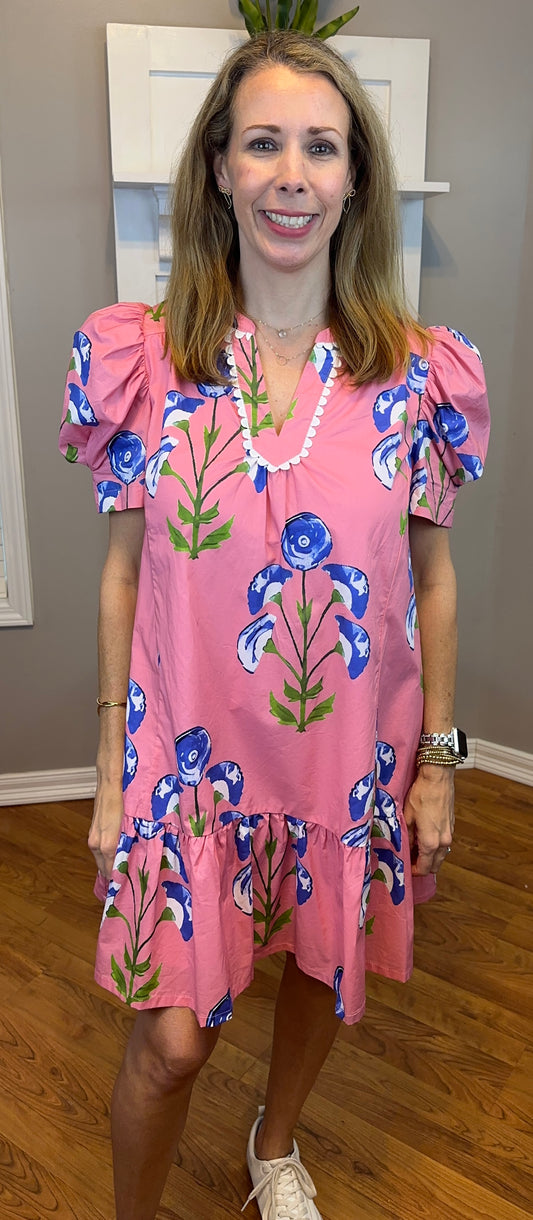 Umgee Floral Print Puff Sleeve Mini Dress with Scallop Trim