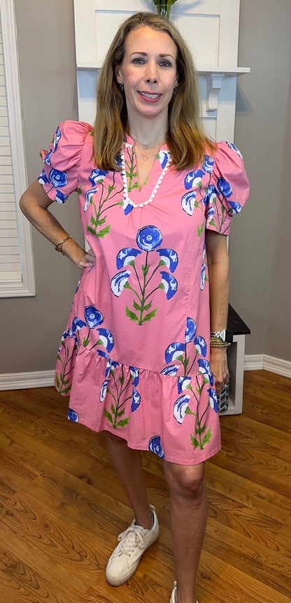 Umgee Floral Print Puff Sleeve Mini Dress with Scallop Trim