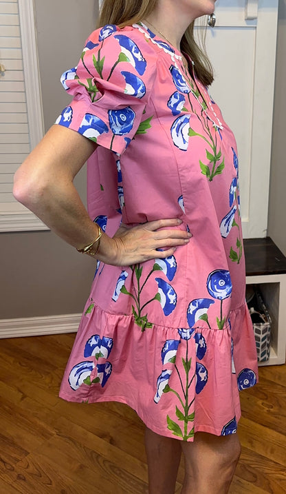 Umgee Floral Print Puff Sleeve Mini Dress with Scallop Trim