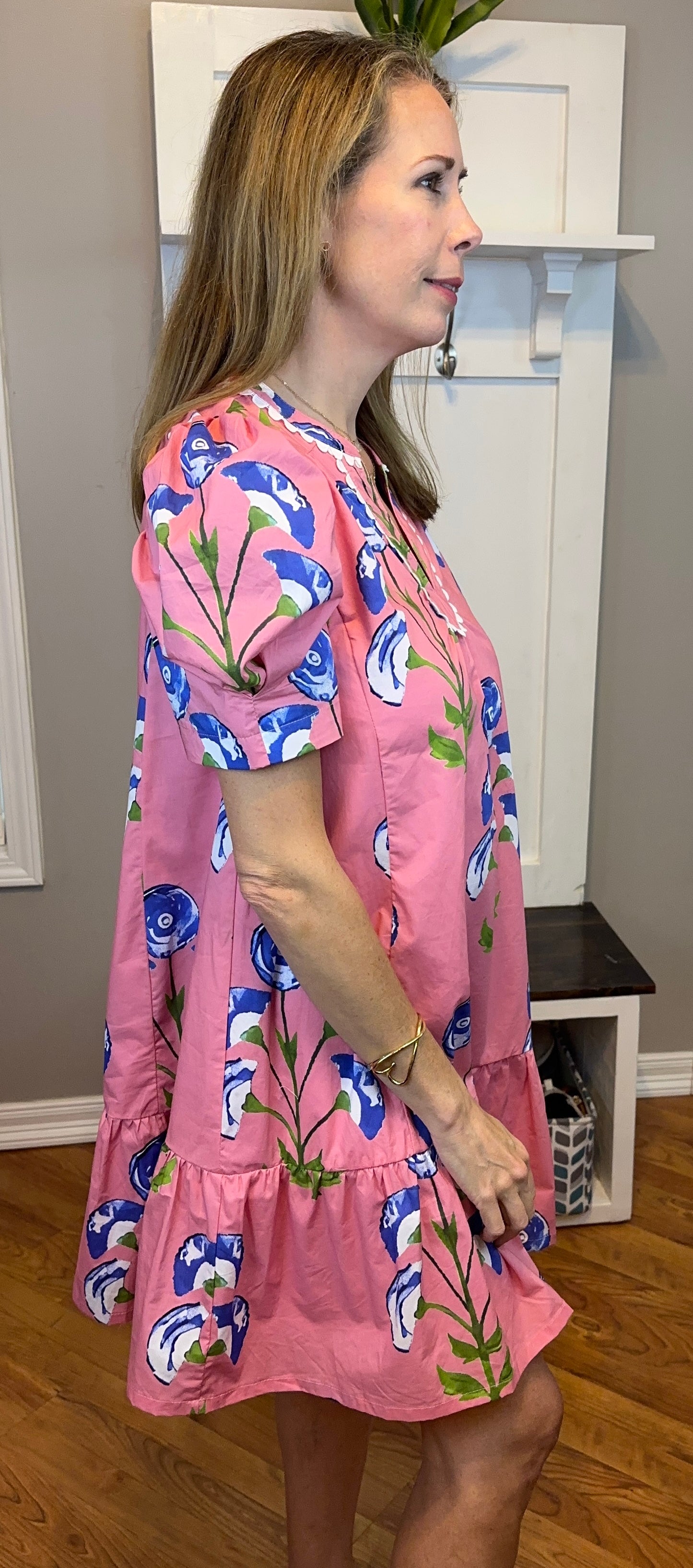 Umgee Floral Print Puff Sleeve Mini Dress with Scallop Trim