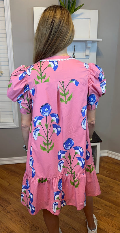 Umgee Floral Print Puff Sleeve Mini Dress with Scallop Trim