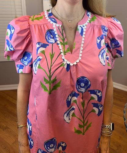 Umgee Floral Print Puff Sleeve Mini Dress with Scallop Trim