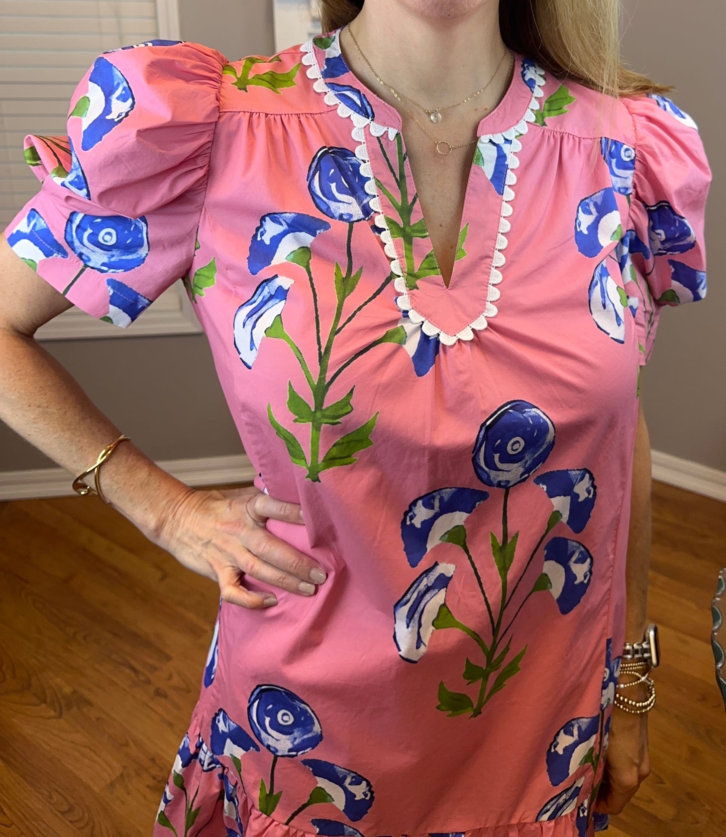 Umgee Floral Print Puff Sleeve Mini Dress with Scallop Trim