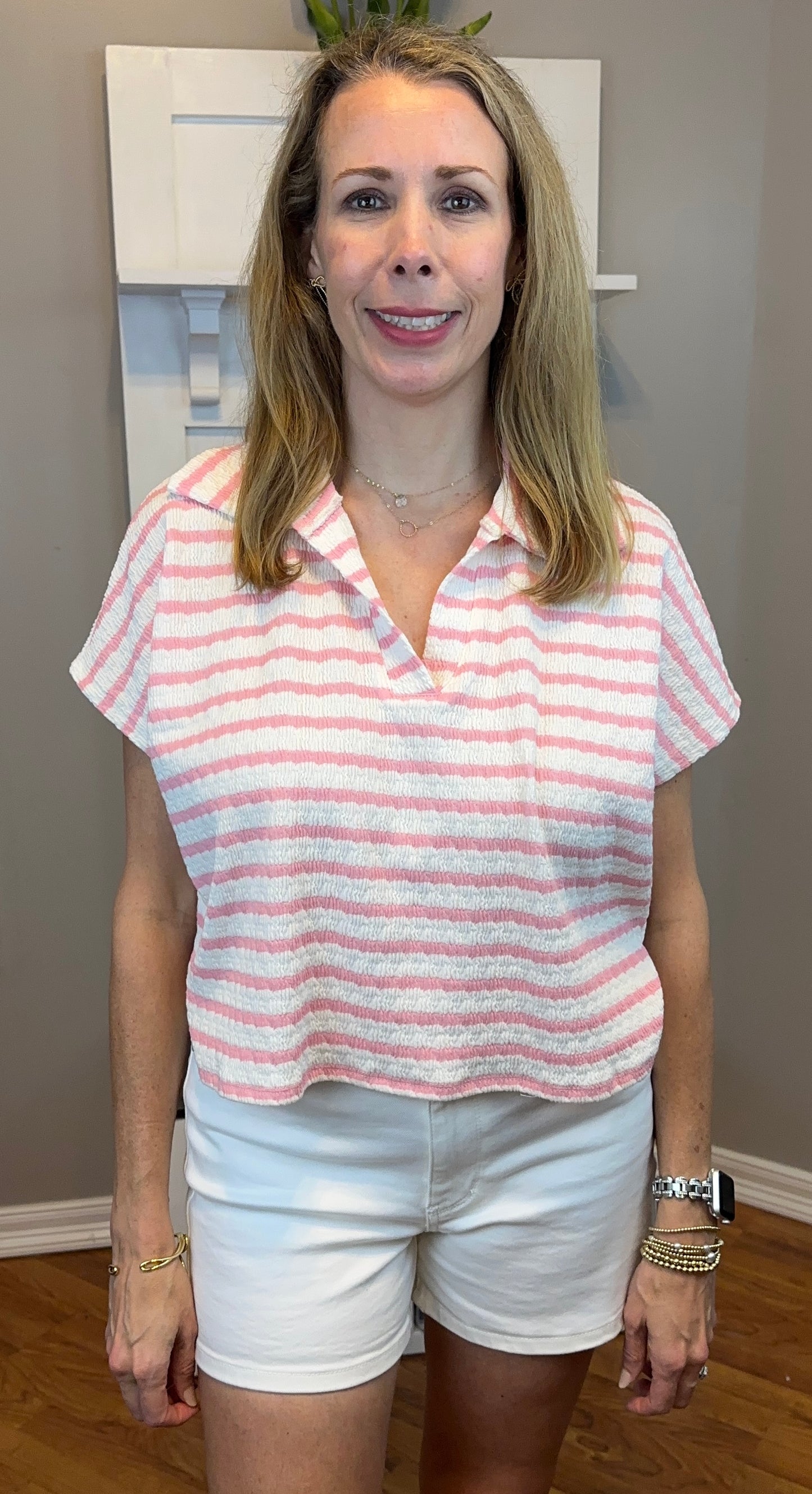 Zenana Striped Split Neck Collared Top