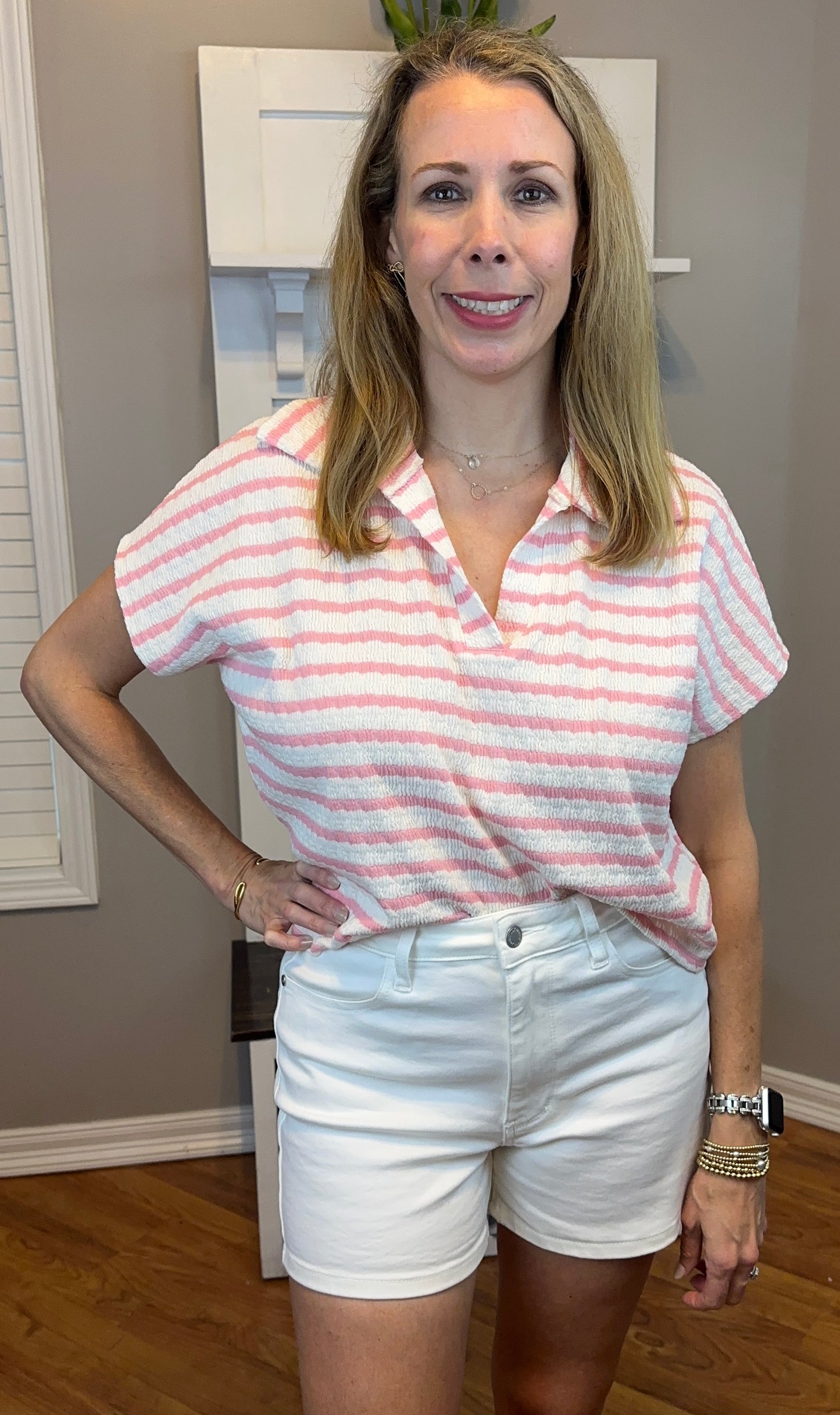 Zenana Striped Split Neck Collared Top