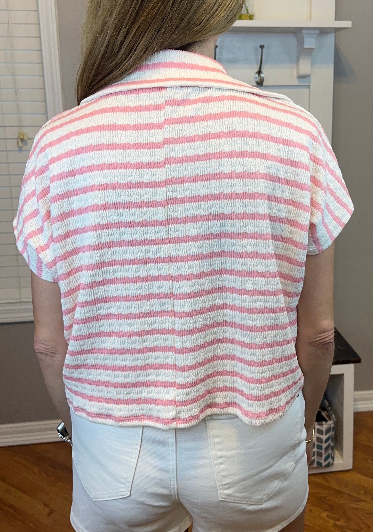 Zenana Striped Split Neck Collared Top