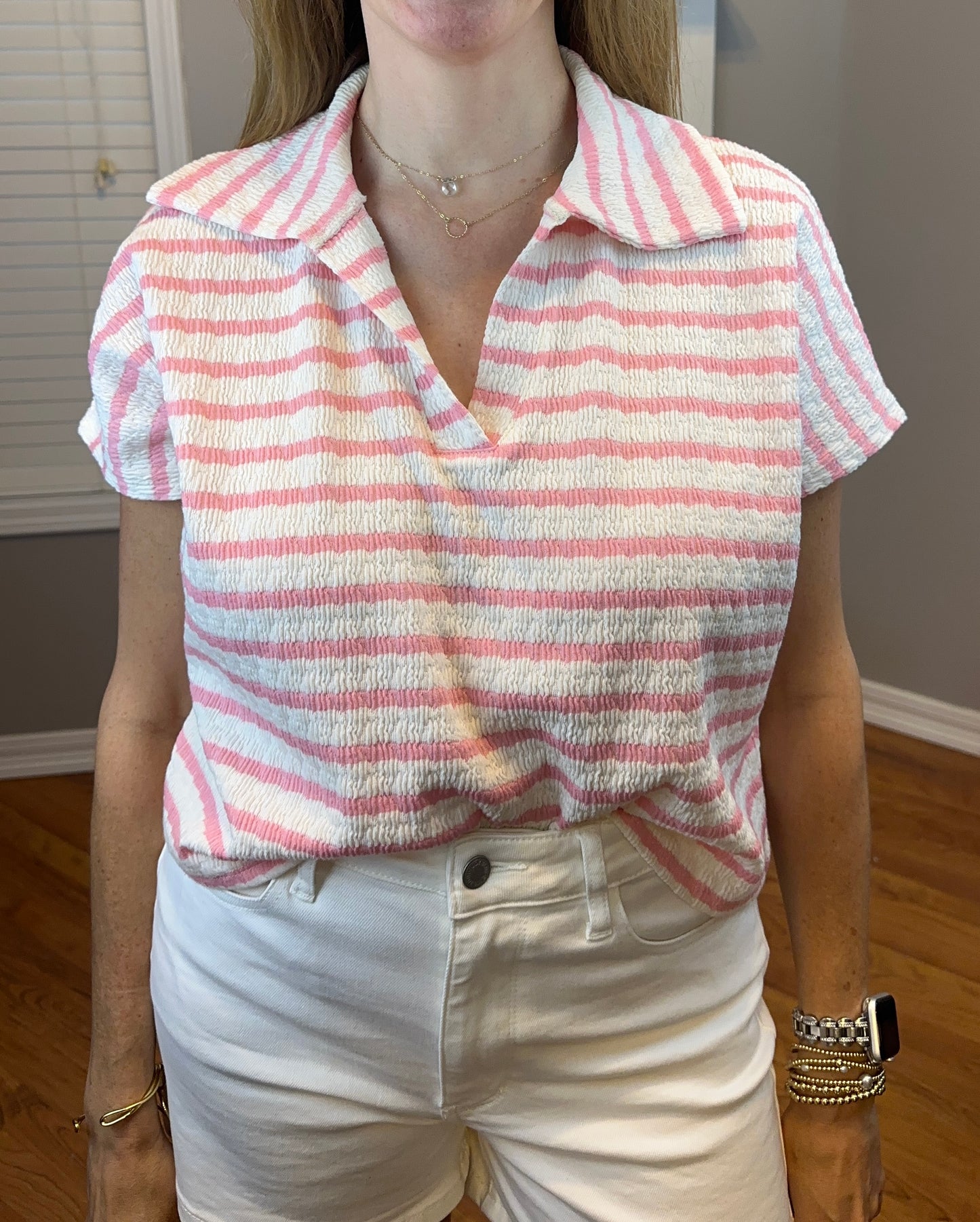Zenana Striped Split Neck Collared Top