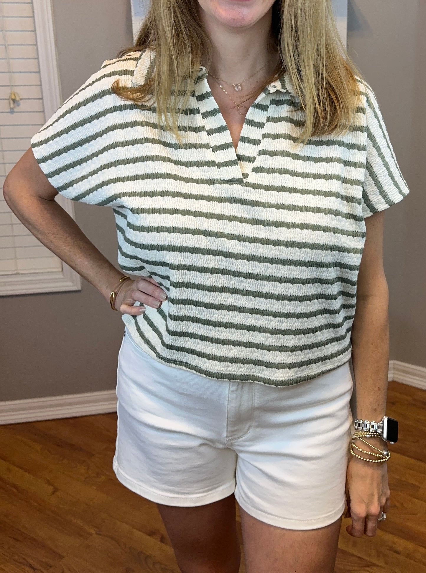 Zenana Striped Split Neck Collared Top