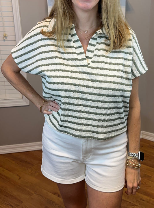 Zenana Striped Split Neck Collared Top