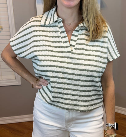 Zenana Striped Split Neck Collared Top