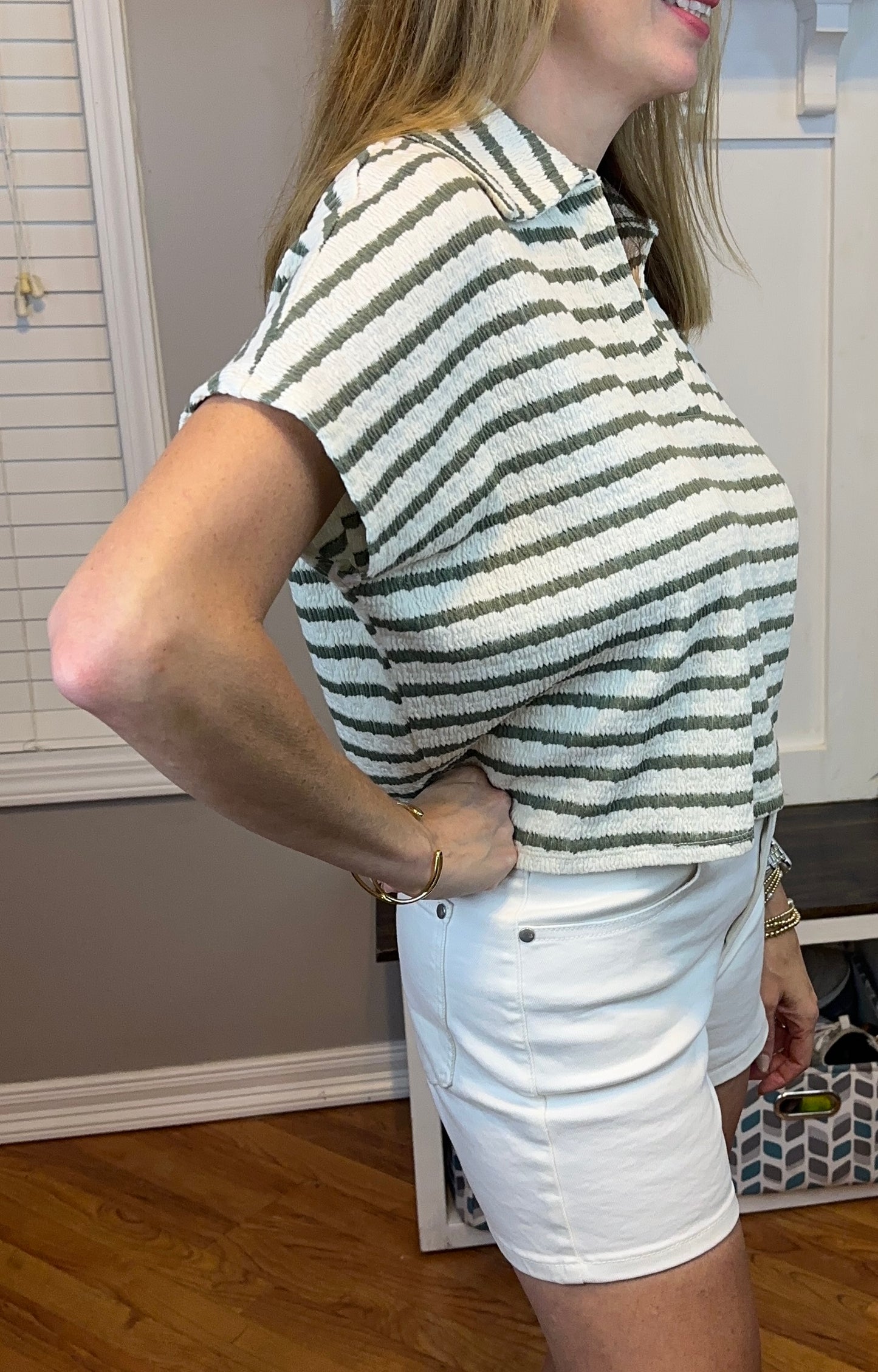 Zenana Striped Split Neck Collared Top
