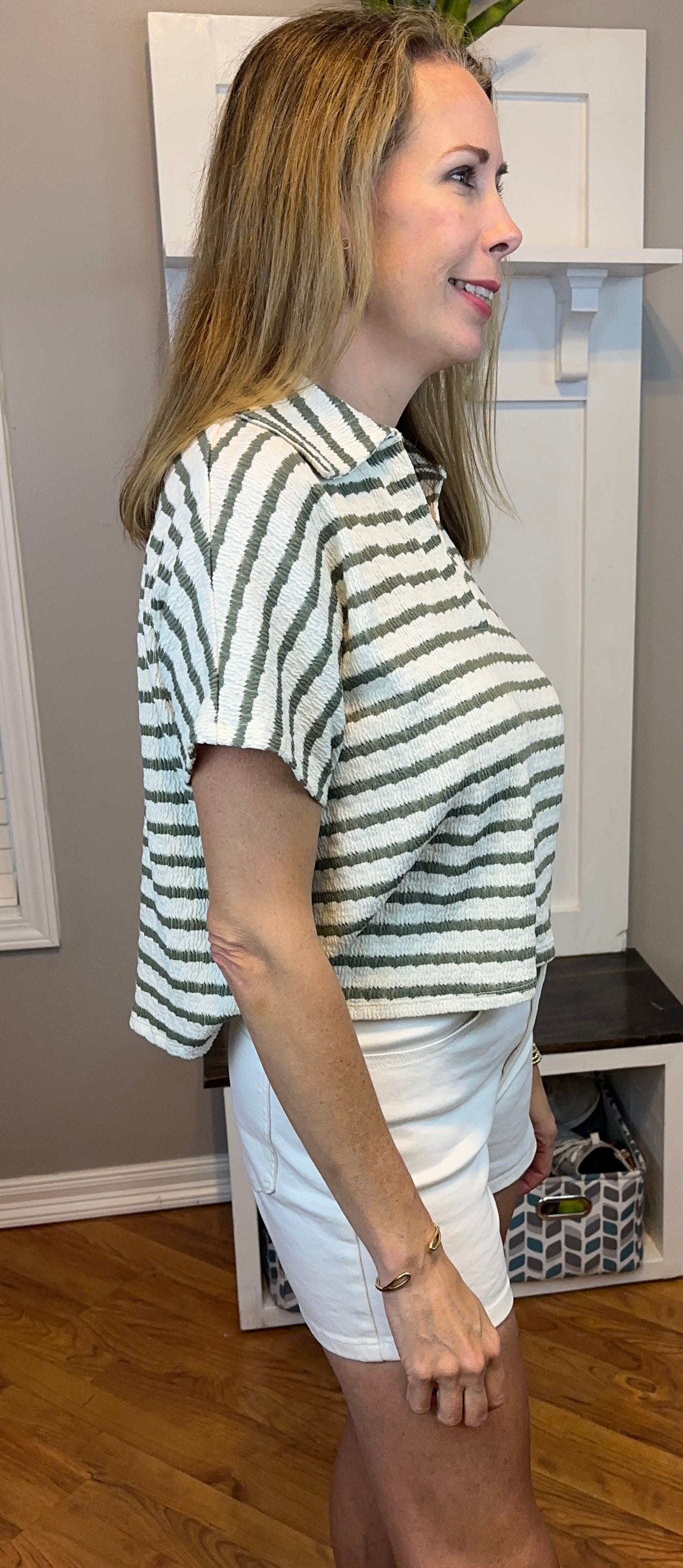 Zenana Striped Split Neck Collared Top